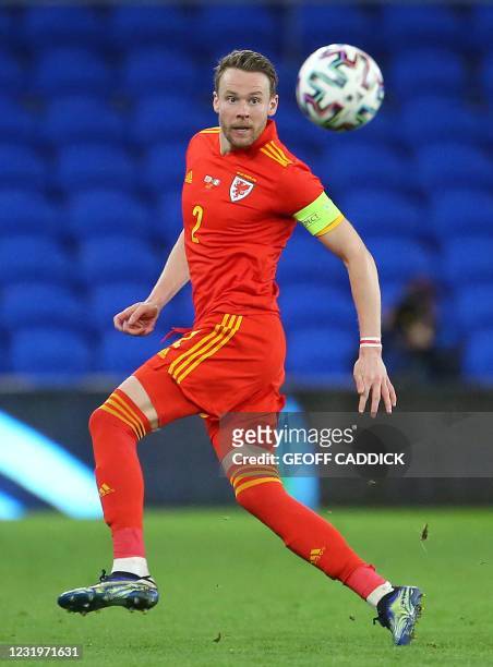 Wales' defender Chris Gunter controls the ball during the international friendly football match between Wales and Mexico at Cardiff City Stadium in...
