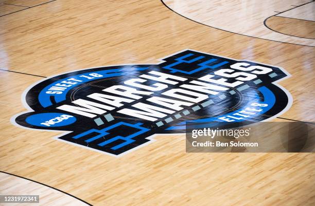 Detailed view of the March Madness logo on court in the Sweet Sixteen round of the 2021 NCAA Division I Mens Basketball Tournament held at Hinkle...