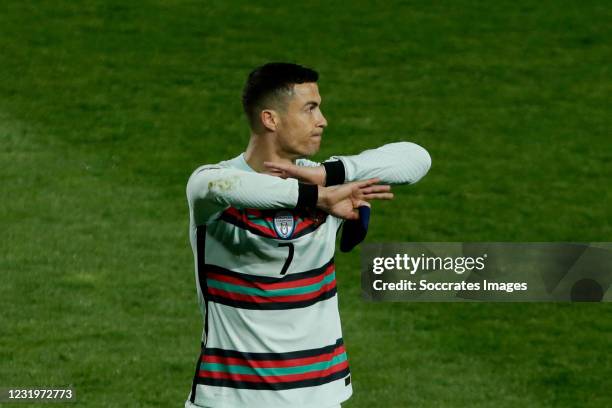 Cristiano Ronaldo of Portugal furious as Portugal robbed last minute goal clearly over the line during the World Cup Qualifier match between Serbia v...