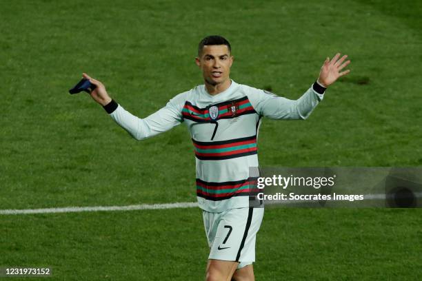 Cristiano Ronaldo of Portugal furious as Portugal robbed last minute goal clearly over the line during the World Cup Qualifier match between Serbia v...