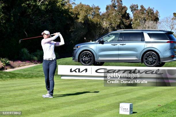 Amy Olson tees off the 18th hole during the Round Three of the KIA Classic at the Aviara Golf Club on March 27, 2021 in Carlsbad, California.