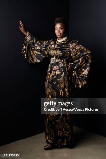Folake Olowofoyeku gets ready for the 52nd NAACP Image Awards on March 27, 2021 in Los Angeles, California.