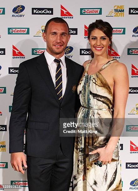 Quade Cooper and Stephanie Rice arrive at the 2011 John Eales Medal at Luna Park's Big Top on September 1, 2011 in Sydney, Australia.