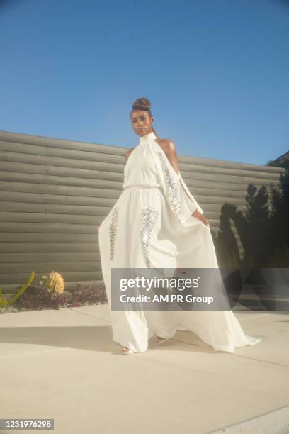 Issa Rae gets ready for the 52nd NAACP Image Awards on March 27, 2021 in Los Angeles, California.