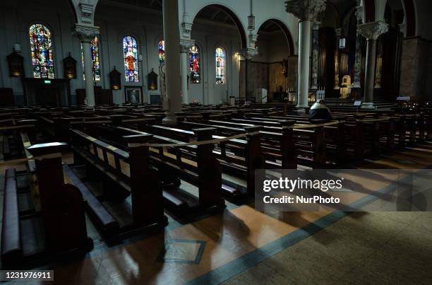 View of an almost empty Carmelite Church in Dublin city center seen on the eve of Palm Sunday. On Saturday, March 27 in Dublin, Ireland.