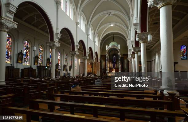 View of an almost empty Carmelite Church in Dublin city center seen on the eve of Palm Sunday. On Saturday, March 27 in Dublin, Ireland.