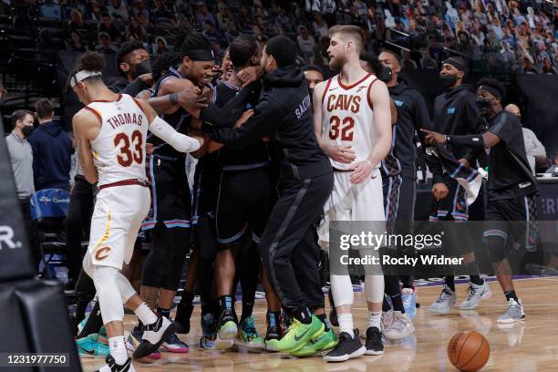 The Sacramento Kings celebrate after the game against the Cleveland Cavaliers on March 27, 2021 at Golden 1 Center in Sacramento, California. NOTE TO...