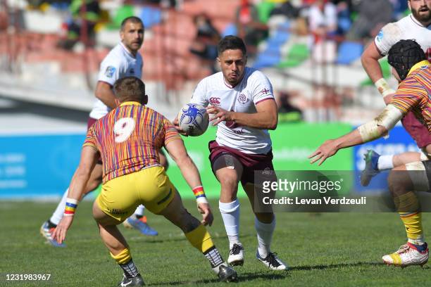 Tedo Abzhandadze of Georgia runs with ball during the Rugby Europe International Championship round 4 match between Georgia and Romania at Mikheil...