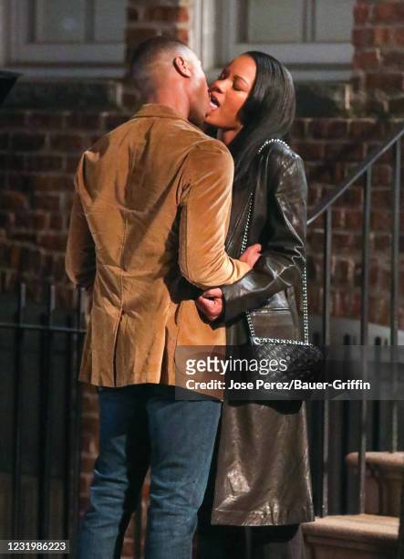 Chante Adams and Michael B. Jordan are seen at the film set of the 'Journal for Jordan' on March 28, 2021 in New York City.