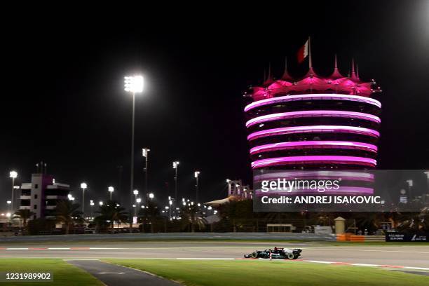 Mercedes' British driver Lewis Hamilton drives during the Bahrain Formula One Grand Prix at the Bahrain International Circuit in the city of Sakhir...