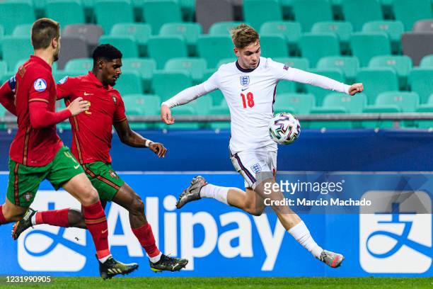 Emile Smith Rowe of England controls the ball during the 2021 UEFA European Under-21 Championship Group D match between Portugal and England at...