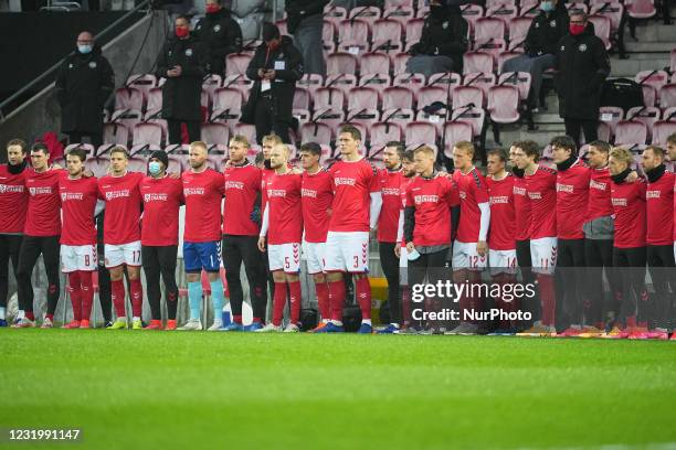 Danish team wearing shirts with &quot;Football supports change, a protest against Qatar regarding the world cup. During the World Cup Qualification...