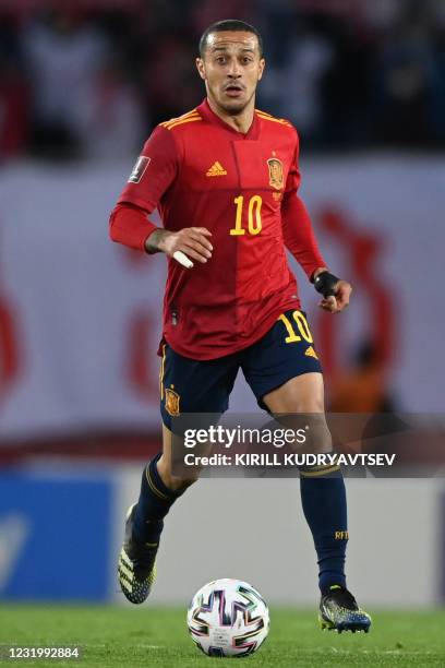 Spain's midfielder Thiago Alcantara in action during the FIFA World Cup Qatar 2022 qualification football match Georgia v Spain in Tbilisi on March...