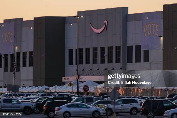 The Amazon fulfillment warehouse at the center of a unionization drive is seen on March 28, 2021 in Bessemer, Alabama. Employees at the fulfillment...