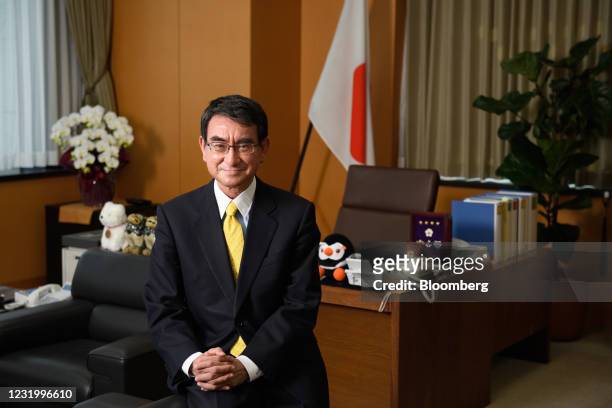 Taro Kono, Japan's regulatory reform and vaccine minister, at in Tokyo, Japan, on March 29, 2021. Kono said that the rate of Covid-19 inoculations in...
