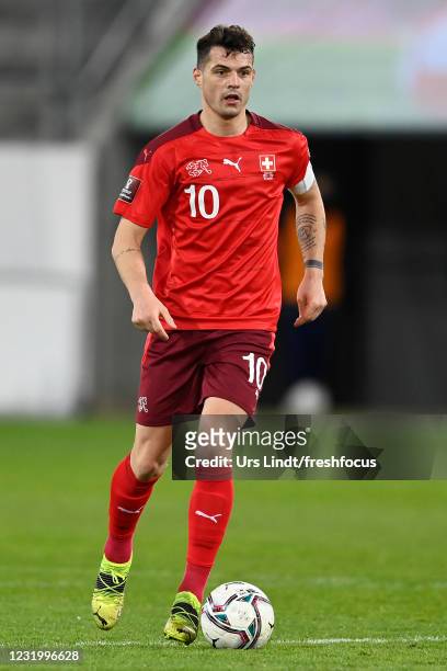 Granit Xhaka of Switzerland in action during the FIFA World Cup 2022 Qatar qualifying match between Switzerland and Lithuania at Kybunpark on March...
