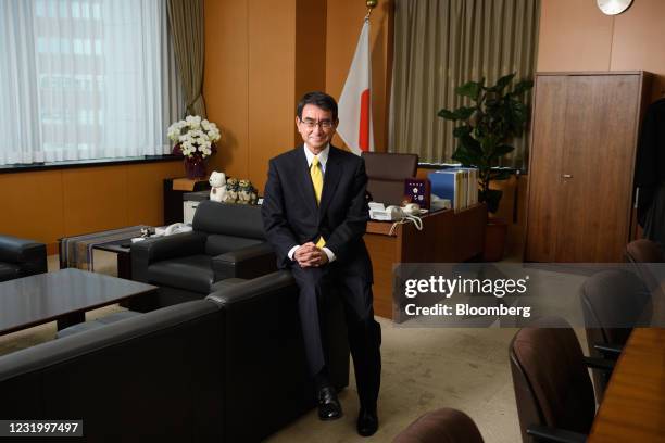 Taro Kono, Japan's regulatory reform and vaccine minister, in Tokyo, Japan, on March 29, 2021. Kono said that the rate of Covid-19 inoculations in...