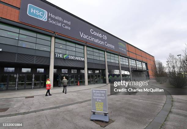 Members of the public arrive as the province's largest Covid Vaccination centre opens at the Odyssey SSE Arena on March 29, 2021 in Belfast, Northern...