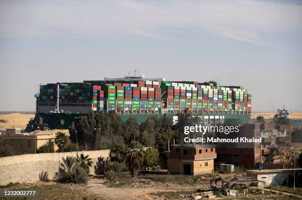 The container ship 'Ever Given' is refloated, unblocking the Suez Canal on March 29, 2021 in Suez, Egypt. This morning the container ship, which is...