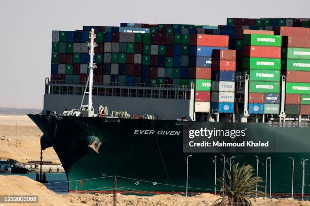 The container ship 'Ever Given' is refloated, unblocking the Suez Canal on March 29, 2021 in Suez, Egypt. This morning the container ship came partly...