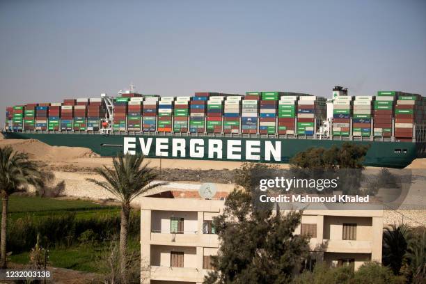 The container ship 'Ever Given' is refloated, unblocking the Suez Canal on March 29, 2021 in Suez, Egypt. This morning the container ship, which is...