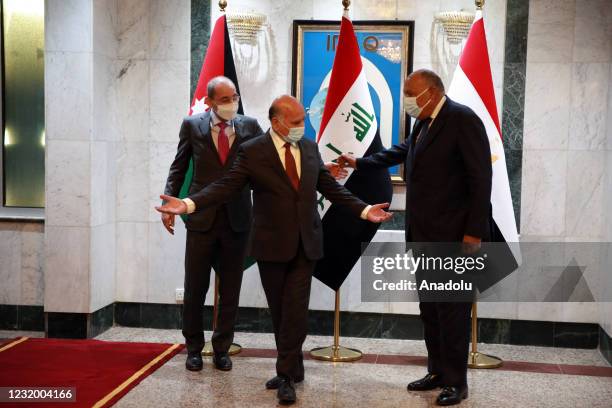 Egyptian Foreign Minister Sameh Shoukry and Jordanese Foreign Minister Ayman Safadi meet Iraqi Foreign Minister, Fuad Hussein, in Baghdad, Iraq on...