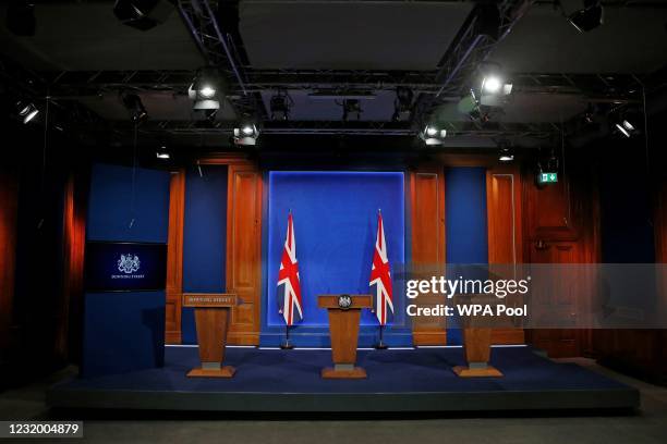 General view of the new £2.6million No9 briefing room ahead of an update by Britain's Prime Minister Boris Johnson on the coronavirus Covid-19...