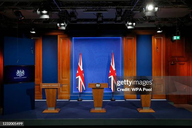 General view of the new £2.6million No9 briefing room ahead of an update by Britain's Prime Minister Boris Johnson on the coronavirus Covid-19...