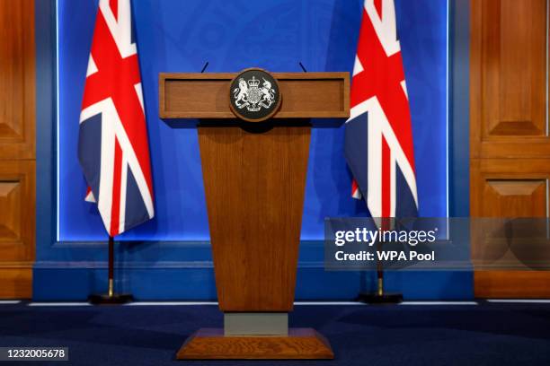 General view of the new £2.6million No9 briefing room ahead of an update by Britain's Prime Minister Boris Johnson on the coronavirus Covid-19...