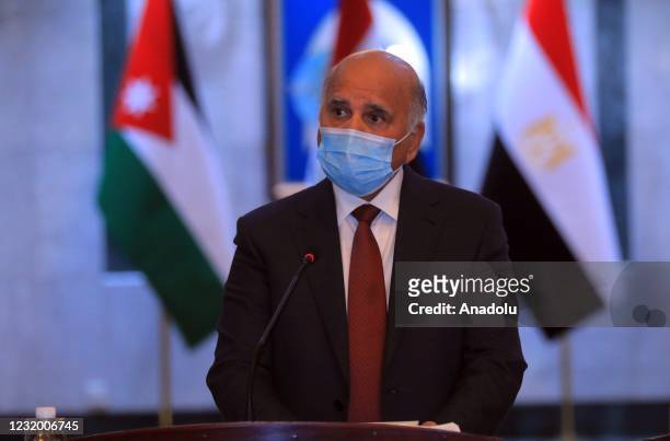 Iraqi Foreign Minister, Fuad Hussein, Egyptian Foreign Minister Sameh Shoukry and Jordanese Foreign Minister Ayman Safadi hold a joint press...