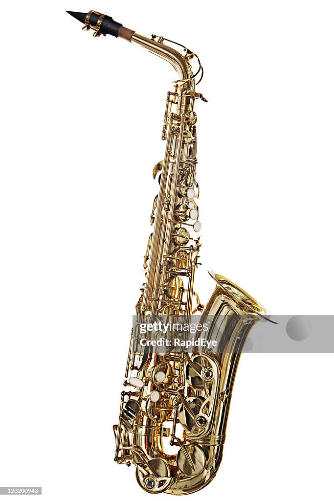 Alto saxophone, brightly lit, is isolated on white