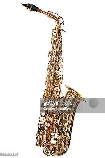 saxofone alto, imagem super exposta, está isolado a branco - saxofone imagens e fotografias de stock