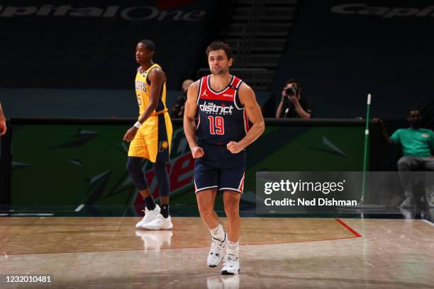 Raul Neto of the Washington Wizards reacts to a play during the game against the Indiana Pacers on March 29, 2021 at Capital One Arena in Washington,...