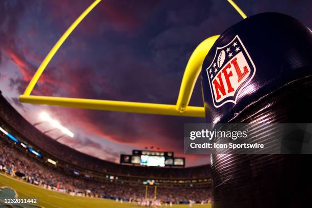 Goal post with the NFL logo stands while the sun sets during the fourth quarter of the Buffalo Bills 20-9 victory over the Carolina Panthers at Bank...