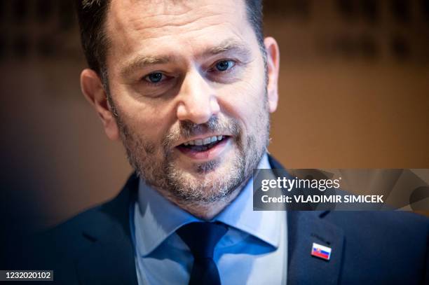 Outgoing Prime Minister Igor Matovic addresses a press conference at the Presidential Palace in Bratislava, Slovakia, on March 30 after Matovic...