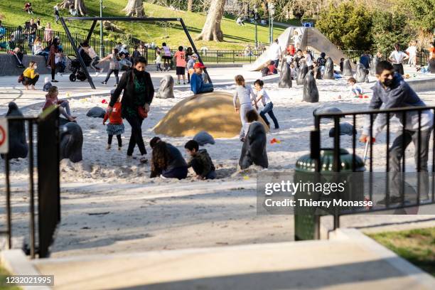 Families enjoy the Parc Leopold's playground on March 30, 2021 in Brussels, Belgium. On March 25, 2021 the federal government and the federated...