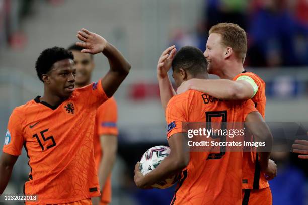 Myron Boadu of Holland U21 Celebrates 2-0 with Tyrell Malacia of Holland U21, Dani de Wit of Holland U21 during the EURO U21 match between Holland v...