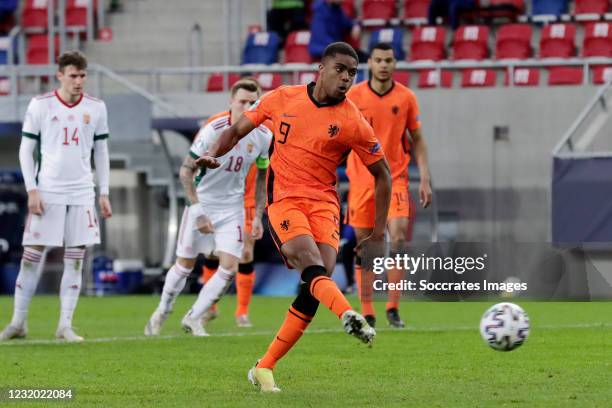 Myron Boadu of Holland U21 scores the second goal to make it 2-0 during the EURO U21 match between Holland v Hungary at the Sosto Arena on March 30,...