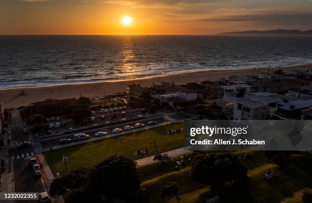 Manhattan Beach, CA An aerial view of Bruces Beach at sunset. Los Angeles County is trying to give the land back to the Bruce family, a Black family...