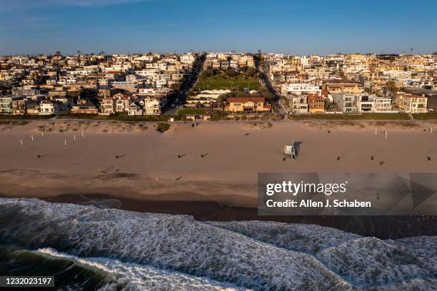 Manhattan Beach, CA An aerial view of Bruces Beach at sunset. Los Angeles County is trying to give the land back to the Bruce family, a Black family...