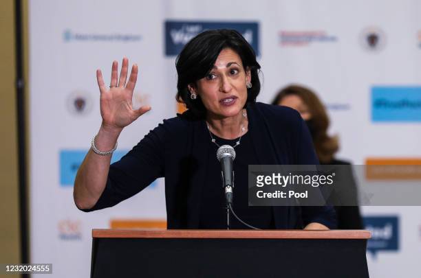 Director Dr. Rochelle Walensky speaks to the press after visiting the Hynes Convention Center FEMA Mass Vaccination Site on March 30, 2021 in Boston,...