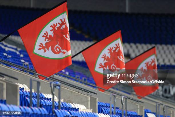 Welsh flags hanging at the Cardiff City Stadium during the FIFA World Cup 2022 Qatar qualifying match between Wales and Czech Republic at Cardiff...