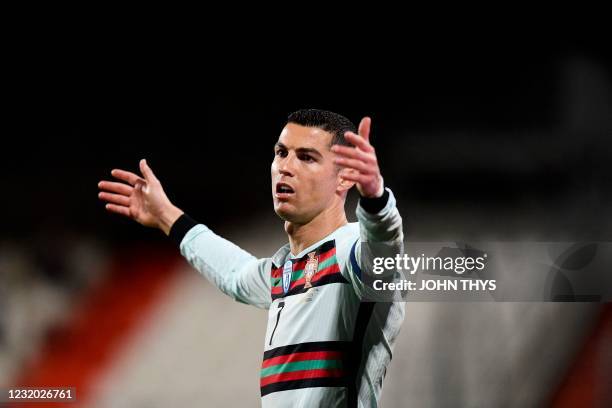 Portugal's forward Cristiano Ronaldo reacts during the FIFA World Cup Qatar 2022 qualification Group A football match between Luxembourg and Portugal...