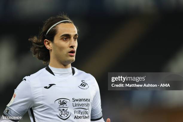 Yan Dhanda of Swansea City during the Sky Bet Championship match between Swansea City and Cardiff City at Liberty Stadium on March 20, 2021 in...