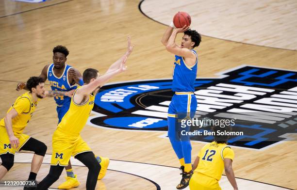 Jules Bernard of the UCLA Bruins attempts a shot during a game against the Michigan Wolverines in the Elite Eight round of the 2021 NCAA Division I...
