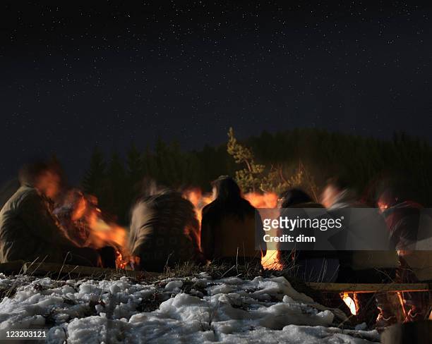 around the fireplace - campfire bildbanksfoton och bilder