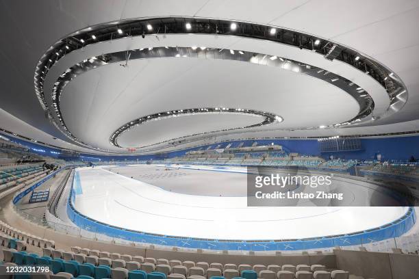 General view of the National Speed Skating Oval, a new venue built for the 2022 Beijing Winter Olympics, on March 31, 2021 in Beijing, China. A "Meet...