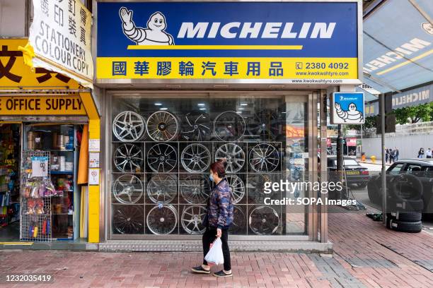 Store selling French multinational tyre manufacturing company Michelin brand seen in Hong Kong.