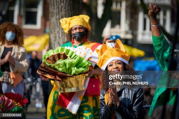 Party leader of BIJ1 Sylvana Simons is greeted by members of the Surinamese community, in The Hague, The Netherlands, on March 31 the day of the...