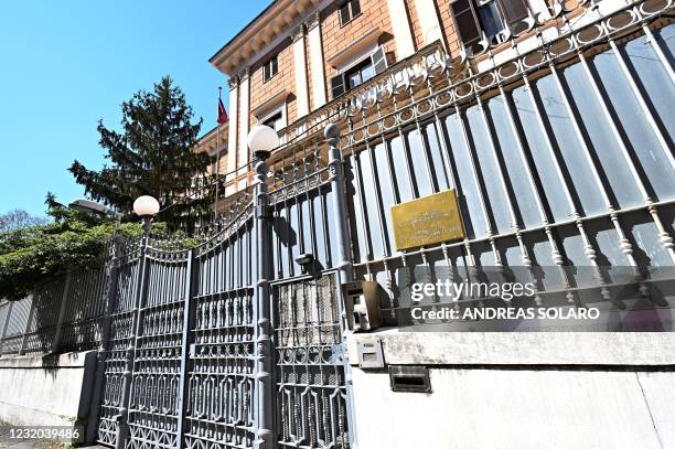 Picture taken in Rome on March 31, 2021 shows the entrance to the Russian embassy. - Italy expelled two Russian officials on March 31, 2021 after an...